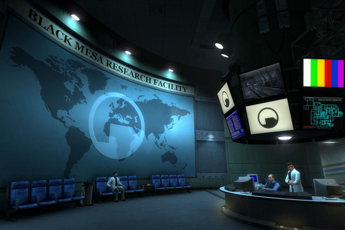 Screenshot from the map, showing a reception area titled Black Mesa Research facility