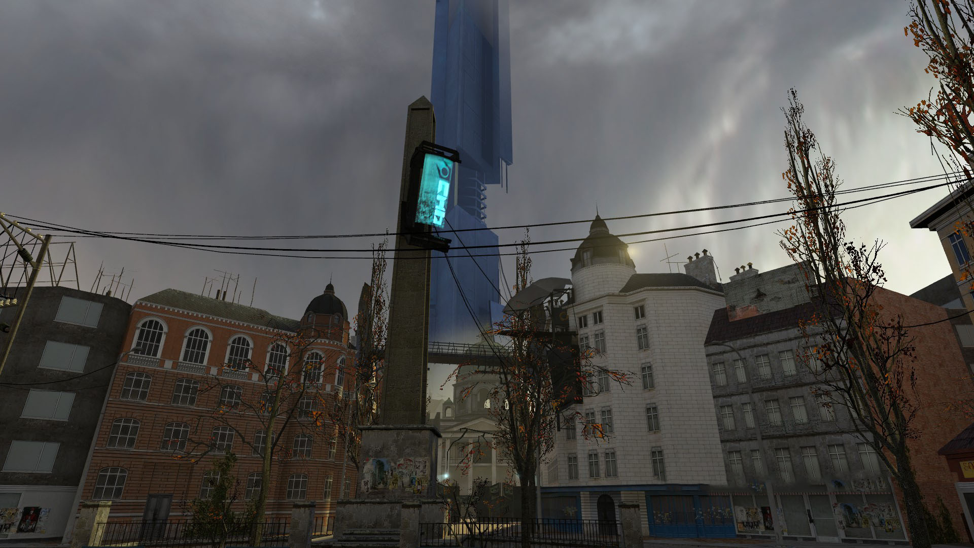 Screenshot from the map, from a city plaza with a large citadel reaching in the skies behind