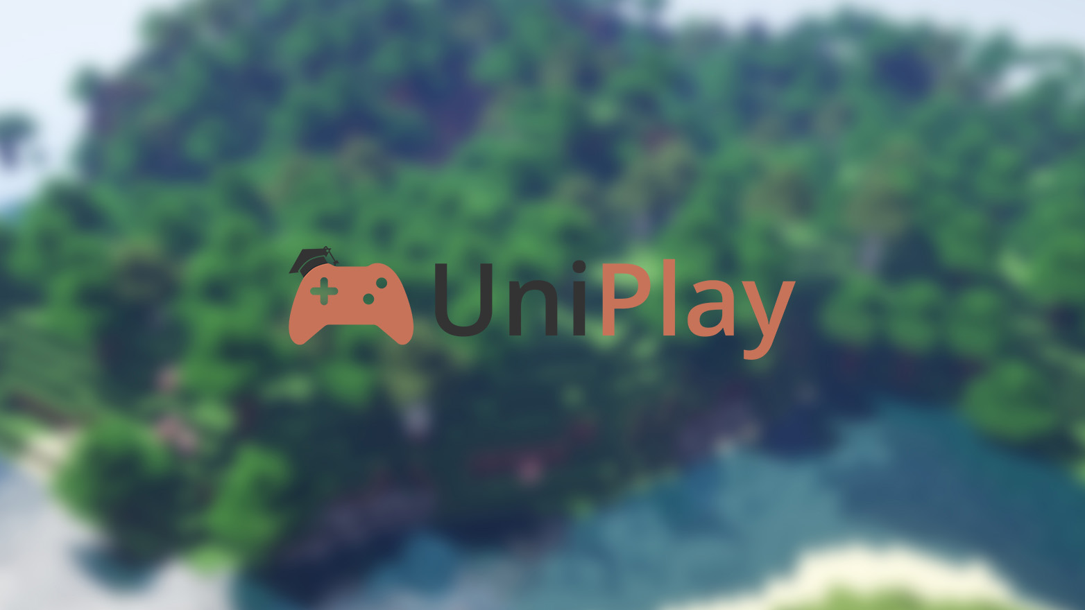 A blurred out Minecraft forest with the UniPlay logo on top