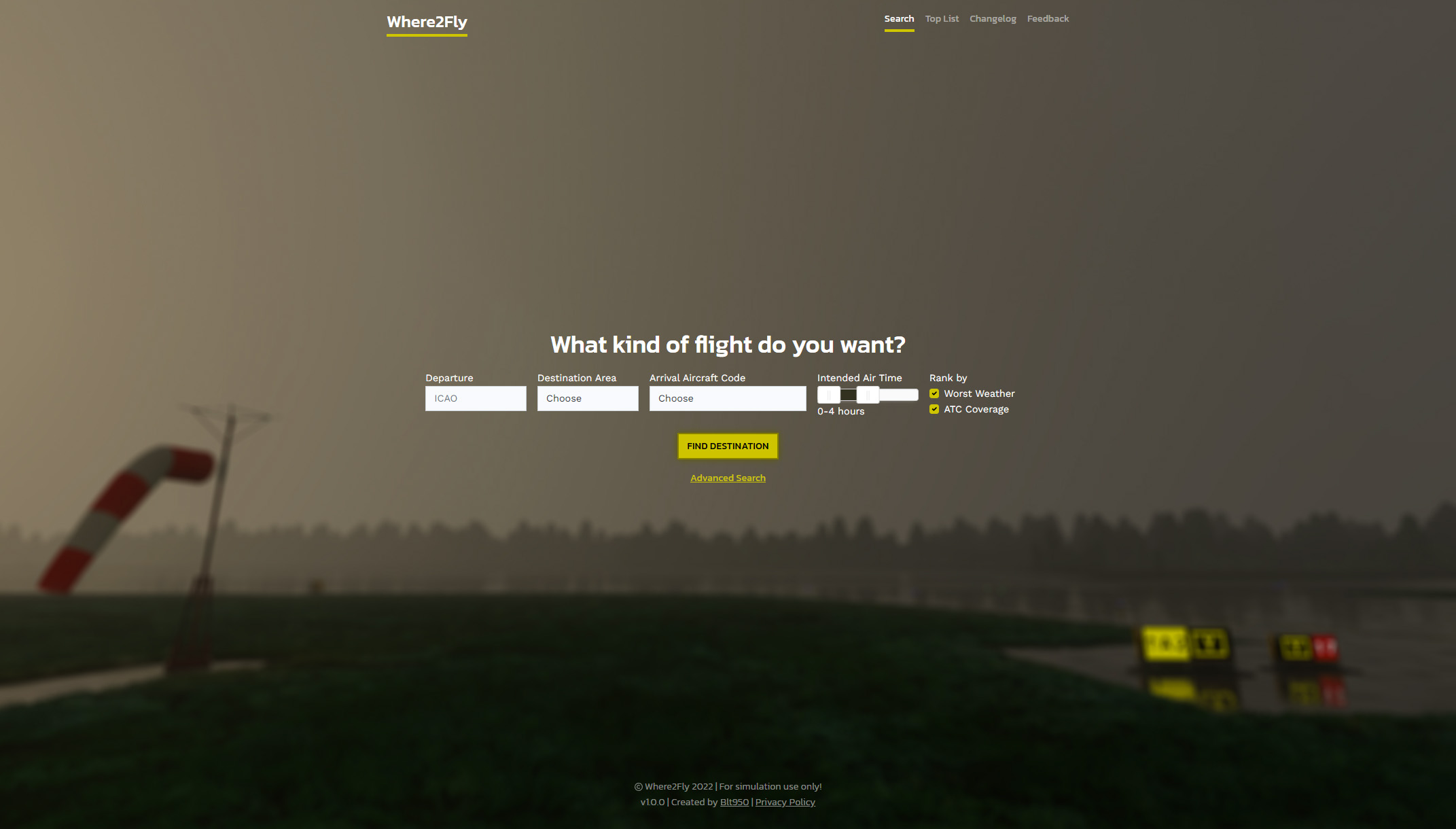 Screenshot of Where2Fly website with a search options